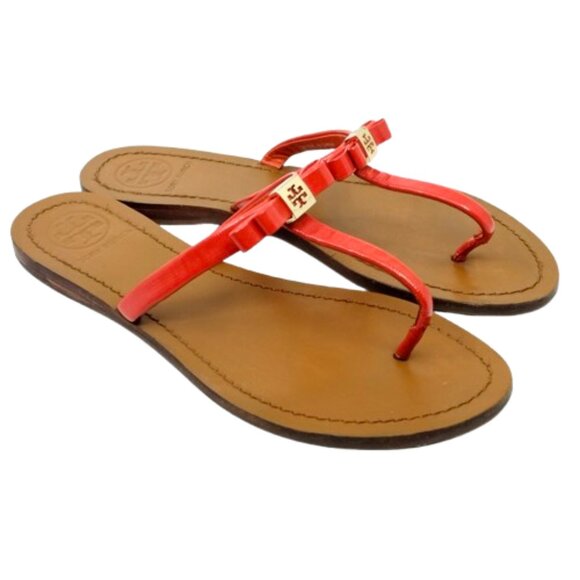 TORY BURCH~Leighanne Bow~POPPY RED LEATHER THONG SANDAL FLIP FLOP SHOES Size 8 - Picture 5 of 6